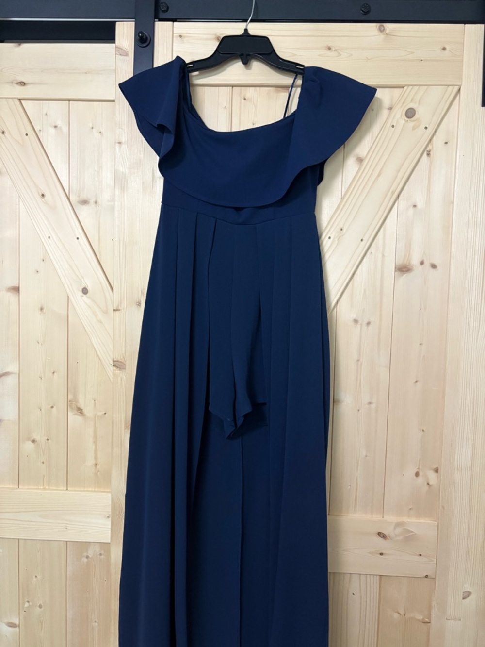Navy Off-Shoulder Ruffle Romper with Train